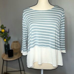 Papermoon Blue White Striped Ruffle Tunic Blouse Round Neck 3/4 Sleeve S